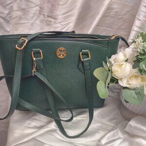 * TORY BURCH LEATHER HANDBAG TOTE Green Medium Large Cross Strap Top Handles